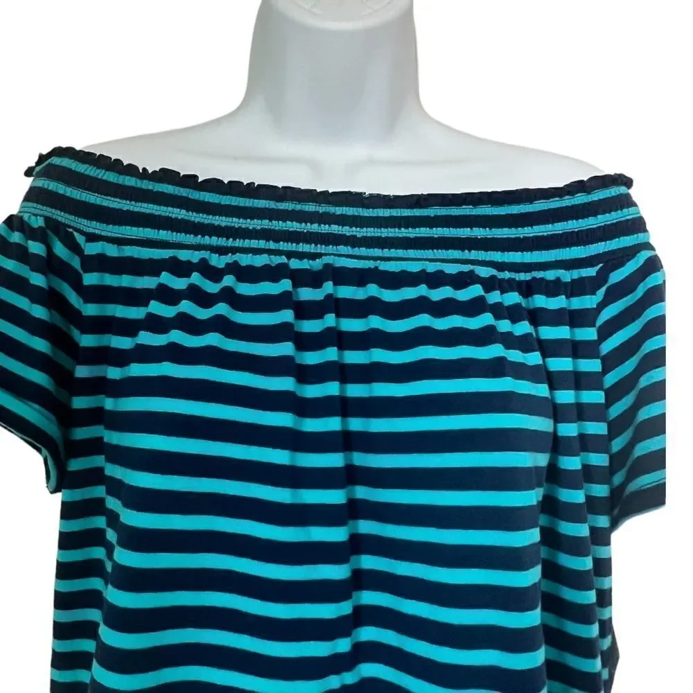 NWT Liz Claiborne Off Shoulder Stripe Top Blue Teal Boho Casual Stretch Blouse L